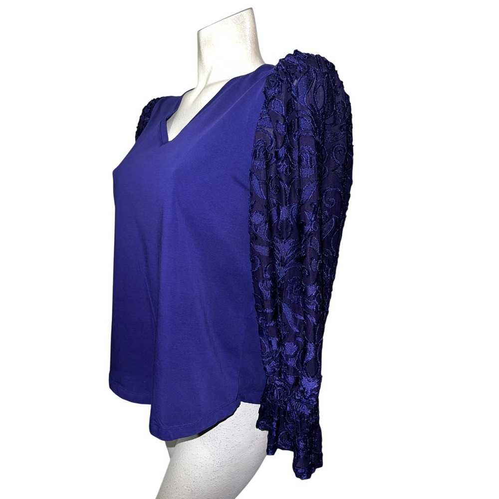 Chicos Royal Purple V-Neck Top Sheer Embroidered Mesh Long Sleeve Size (2) Large - Picture 5 of 7